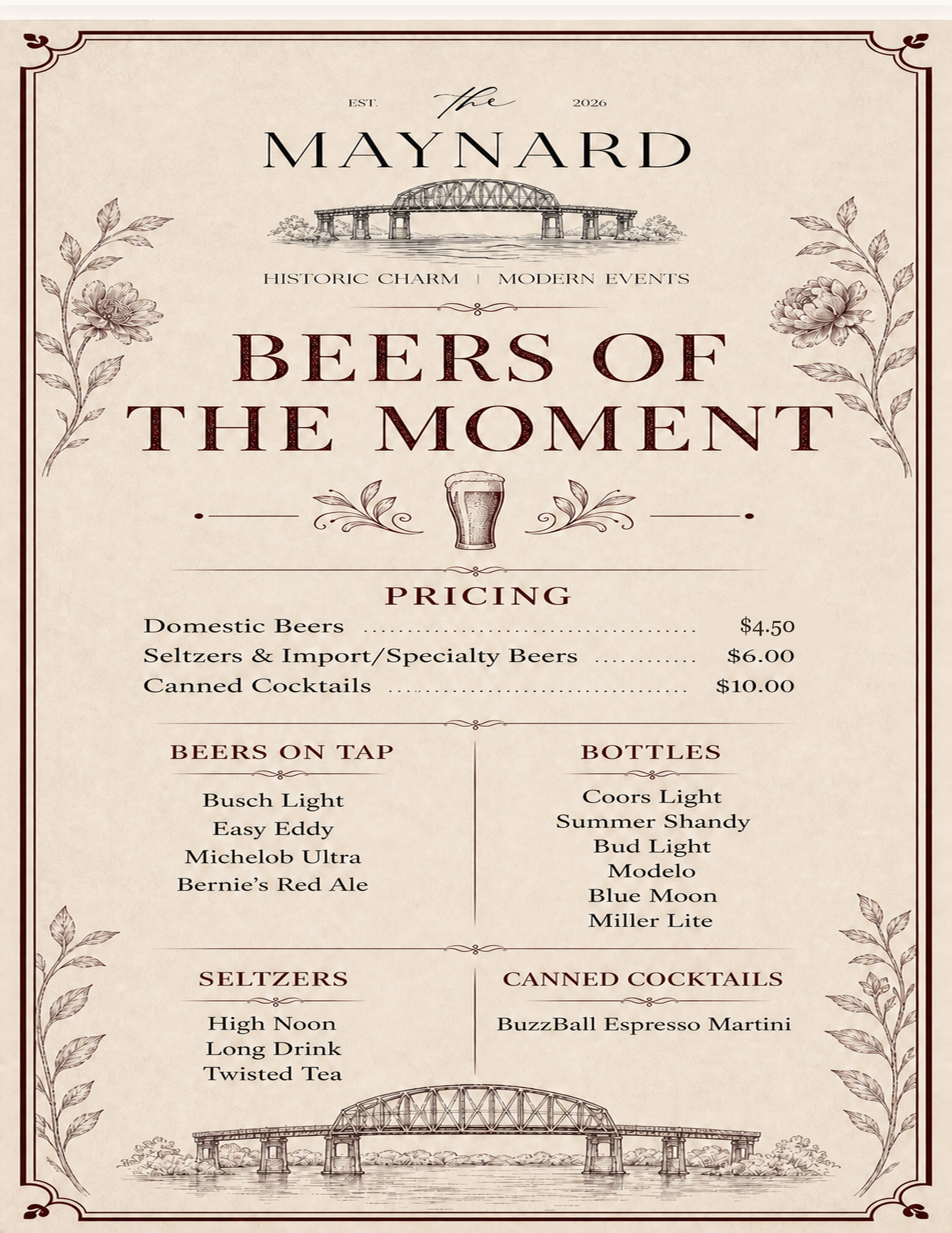 The Maynard beer, seltzer, and canned cocktail menu with prices