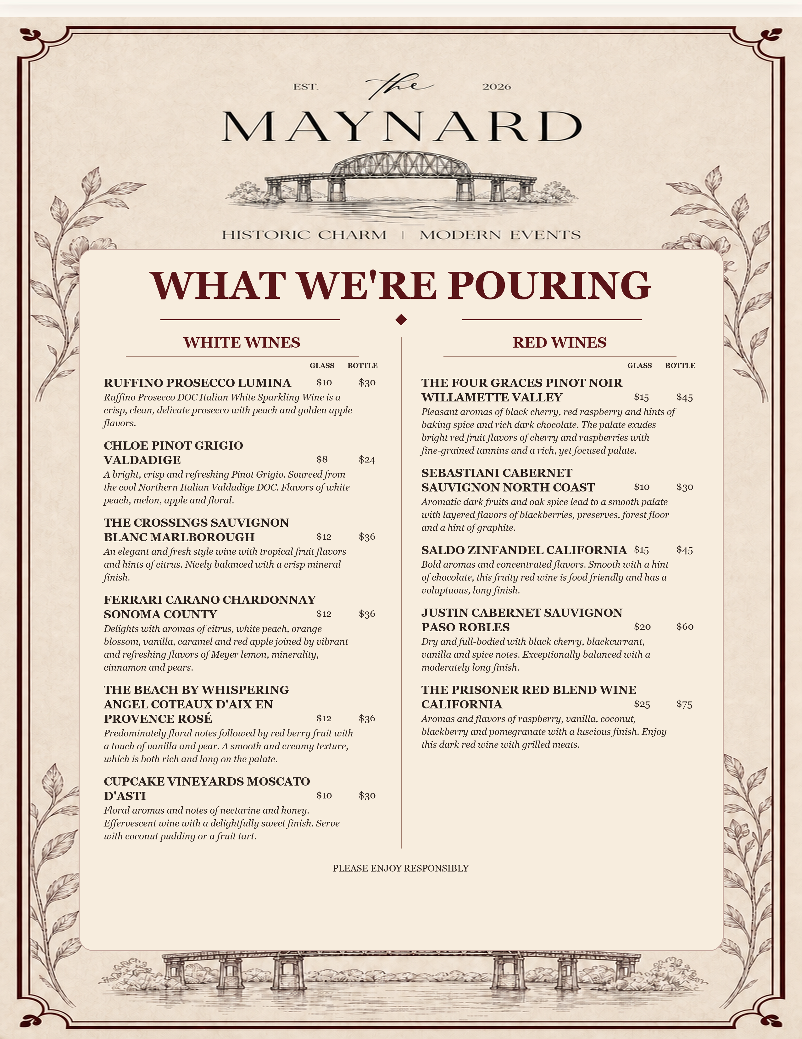 The Maynard wine menu with white and red wine selections and prices